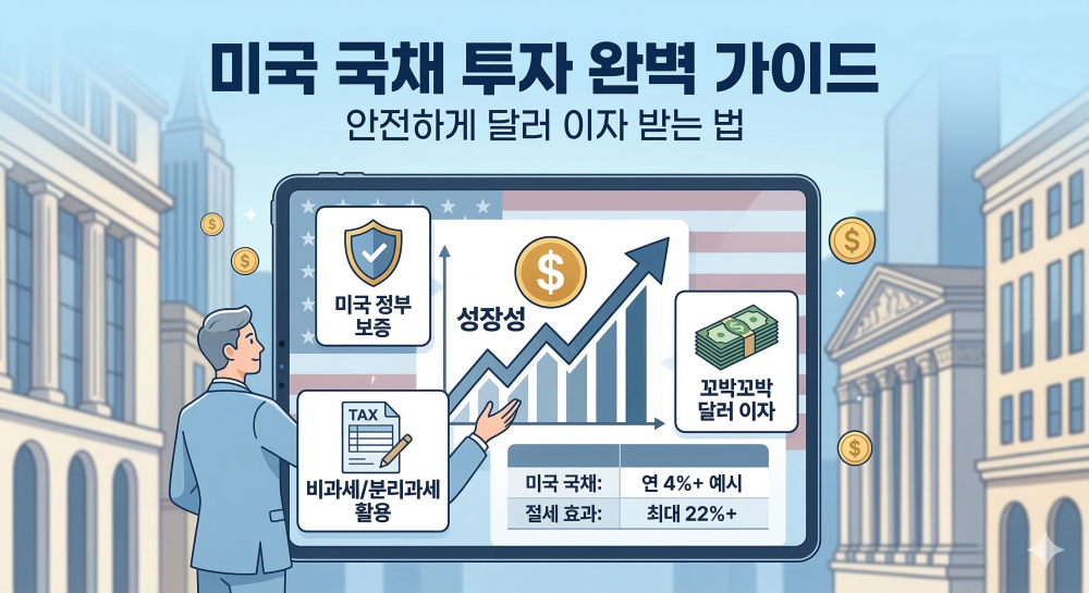 미국 정부가 보증하는 안전한 미국 국채 투자 방법과 이자 수익, 비과세 혜택을 한눈에 보여주는 스마트한 투자 전문가 이미지